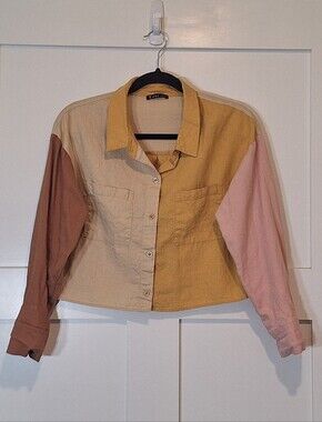 Very J Linen Viscose Cropped Button Down Colorblock Shirt Small Long Sleeves